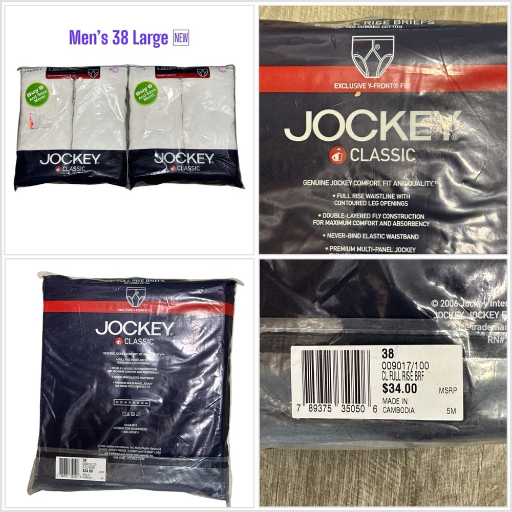 2 Pkg Men’s Vintage Jockey 38 Brief White 2006 Y Front Fly Style 9017 Full Rise
